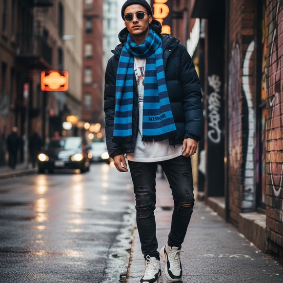 Missoni Men's Scarf with Blue and Black Stripes